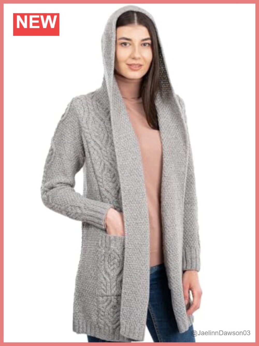 100% Merino Wool Long Cardigan with Hood Open Front Knit Sweater